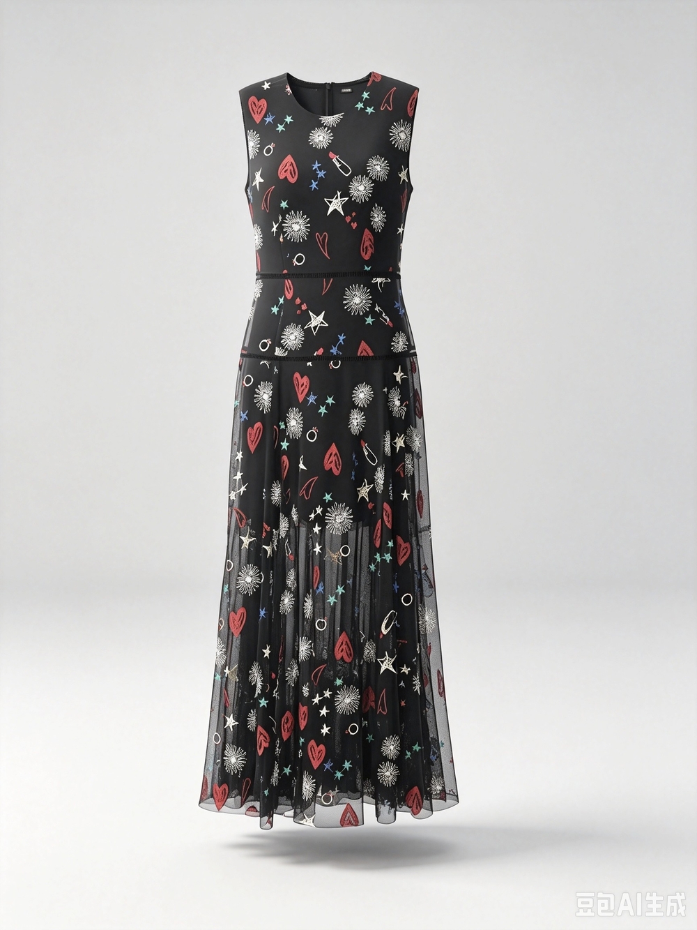 Maje Sleeveless Black Maxi Dress with Red Heart & Star Print